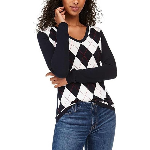 Tommy Hilfiger Sweaters - NWT Tommy Hilfiger Womens Classic Fit Argyle V-Neck Sweater Size L Blue/Ivory